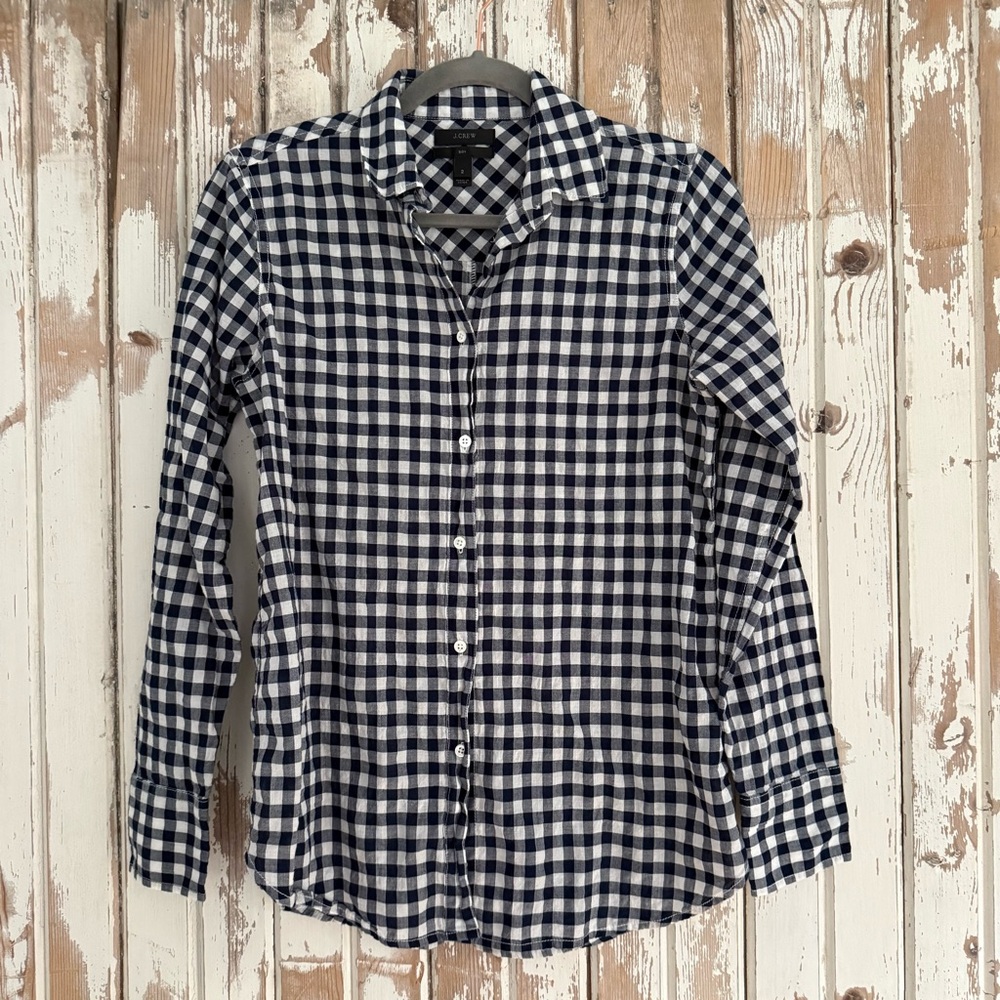 J.Crew, Women’s Navy White Cotton Check Boy Shirt Button-Down, Size 2